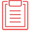 A simple, red, minimalist icon of a clipboard with four horizontal lines representing text. The clipboard has a rectangular shape with rounded edges and a visible top clip.