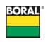 A logo for Boral featuring the company's name in bold, white uppercase letters against a black background at the top. Below it are two horizontal bars: one yellow and the other green. The logo is square-shaped.