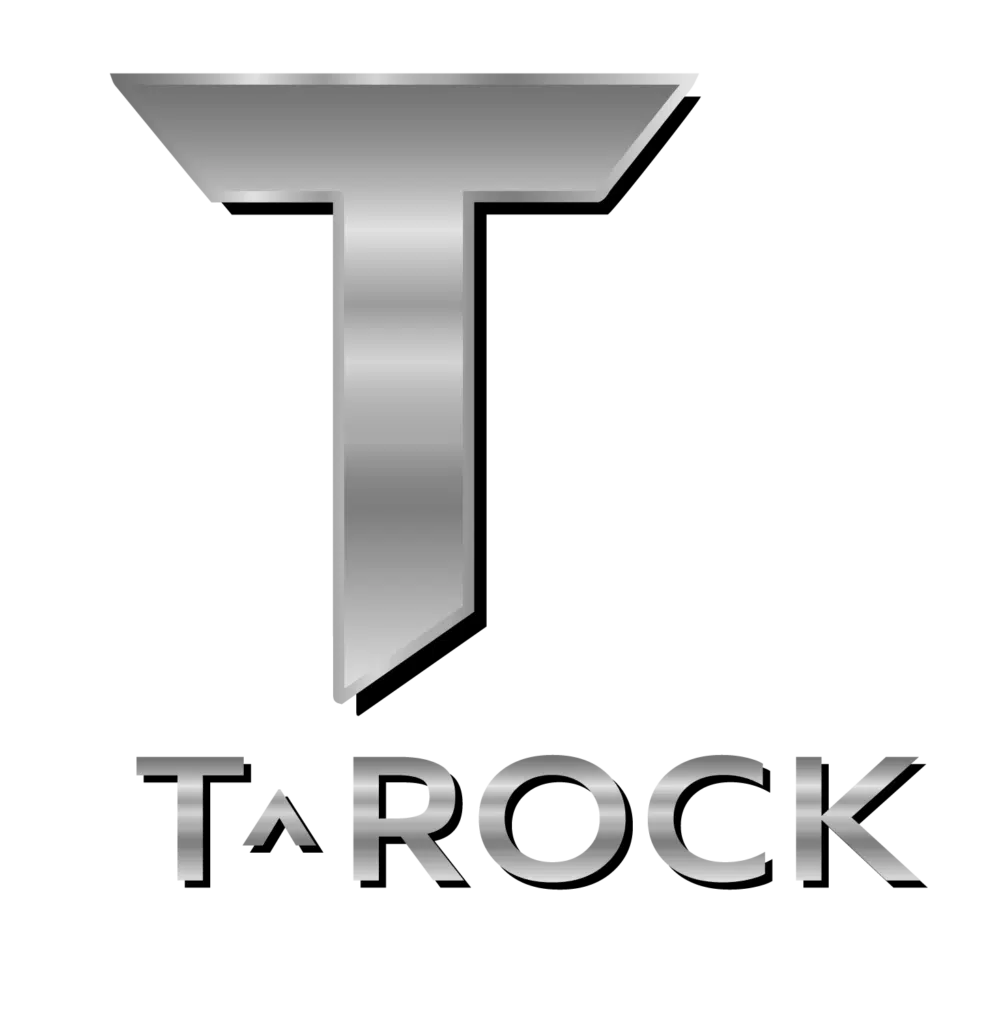 A logo featuring a stylized, metallic "TR" in the center. Below it, the text "T^a ROCK" is written in a bold, metallic font, with "ROOFING" in smaller, white letters underneath. The background is transparent.