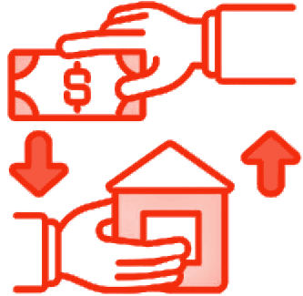 A red outline image shows a hand giving money with a dollar sign to another hand holding a house. Arrows point down towards the money and up towards the house, indicating a transaction involving money and property.