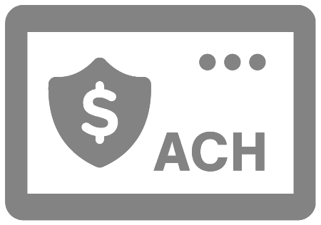 A grayscale icon features the acronym "ACH" on a screen. To the left, there's a shield with a dollar sign in the center, symbolizing security in electronic financial transactions. Three small dots appear above the "ACH" text.