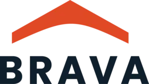 A stylized logo with the word "BRAVA" in bold, black uppercase letters below an orange geometric shape resembling a roof or arch. The logo has a clean and modern design.