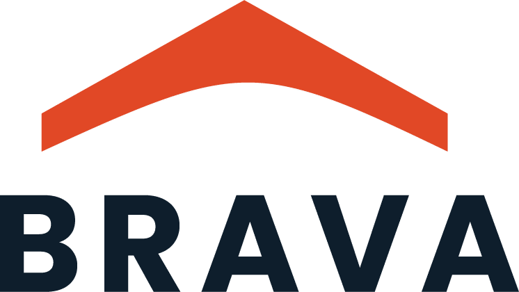 A stylized logo with the word "BRAVA" in bold, black uppercase letters below an orange geometric shape resembling a roof or arch. The logo has a clean and modern design. - T Rock Roofing and Contracting A stylized logo with the word "BRAVA" in bold, black uppercase letters below an orange geometric shape resembling a roof or arch. The logo has a clean and modern design.