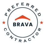 A circular logo with "Preferred Contractor" written around the perimeter. In the center, there's an orange roof icon above the word "BRAVA." Two orange stars are positioned on either side within the outer circle. - T Rock Roofing and Contracting A circular logo with "Preferred Contractor" written around the perimeter. In the center, there's an orange roof icon above the word "BRAVA." Two orange stars are positioned on either side within the outer circle.