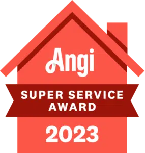 Image of a red house-shaped badge with "Angi" at the top. Below, a maroon ribbon reads "Super Service Award," and at the bottom, the year "2023" is displayed in white text.