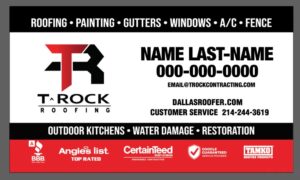 Business card for T-Rock Roofing, featuring services like roofing, painting, gutters, windows, A/C, and fencing. Includes contact info, email, website, phone numbers, and logos for BBB, Angie’s List, and other certifications.