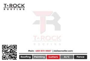 Business card for T-Rock Roofing with logo, contact info (phone: 469-931-9867, website: dallasroofer.com), QR code, and service icons for Roofing, Painting, Gutters, A/C, and Fence at the bottom.