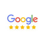 The Google logo above five yellow stars, indicating a five-star rating for trusted roofing services on a white background.