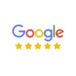 The Google logo above five yellow stars, indicating a five-star rating for trusted roofing services on a white background.