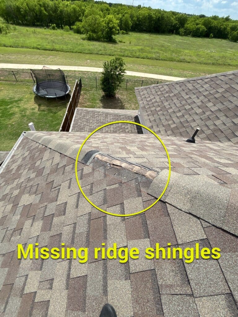 A DFW roof with a section of missing ridge shingles circled in yellow. Large yellow text at the bottom reads "Missing ridge shingles." Trusted Experts in Roof Repairs can help. A backyard with a trampoline and grassy field is visible.