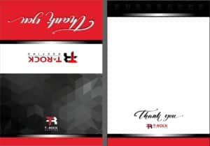 Front and back design of a thank you card for T-Rock Roofing, featuring a red, black, and white color scheme with geometric patterns and the company logo, along with “Thank you” written in script font.
