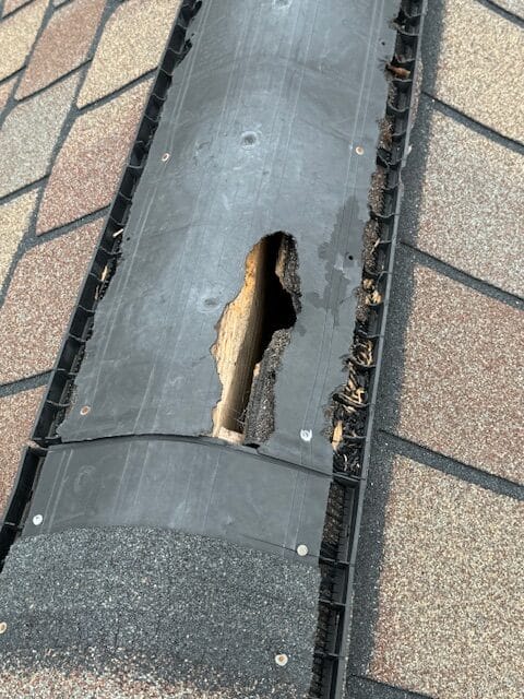 A close-up of a roof ridge vent with a large hole and damaged shingles, exposing the wood underneath. The surrounding shingles appear worn, with debris caught along the vent edges—ideal for DFW Roof Repairs by trusted experts.