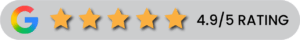 Google logo followed by five gold stars and black text that reads "4.9/5 RATING" on a light gray background, highlighting exceptional customer reviews for our hail damage restoration services.