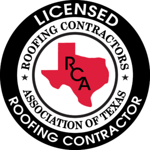 Circular logo with “Licensed Roofing Contractor” around the border. Inside, a red outline of Texas with “RCA” letters. Text reads “Roofing Contractors Association of Texas.” Black, white, and red color scheme.