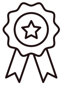 Black and white illustration of an award ribbon with a star in the center, featuring wavy edges and two tails hanging below.