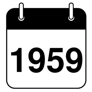 A simple black and white calendar icon displaying the year “1959” in bold numbers.